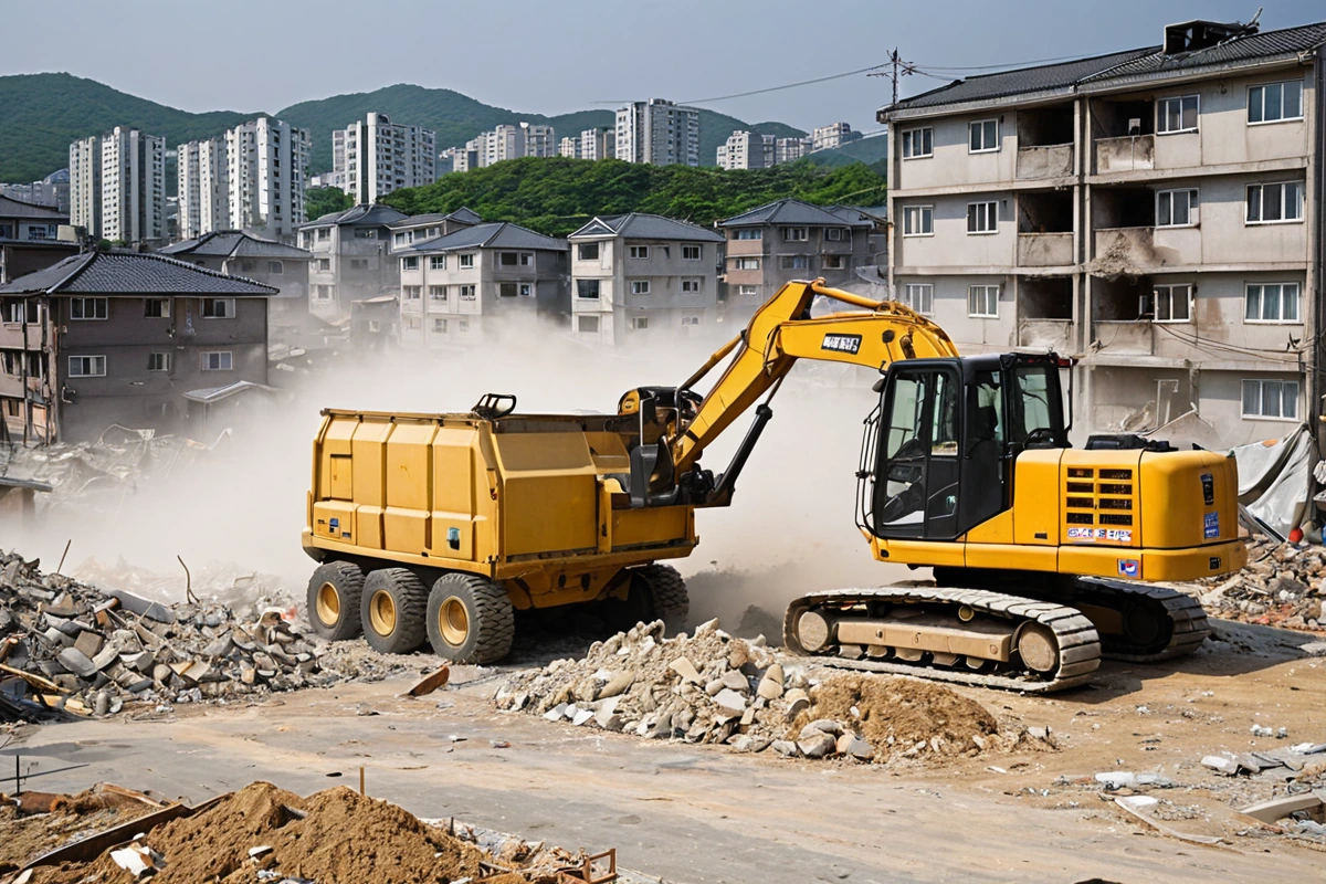 김해시 한림면 주거 지역에서 철거 작업 중인 장비가 주변 주민의 집을 최소한으로 방해하는 모습. 먼지 차단용 비닐과 소음 감소를 위한 장비가 설치된 철거 현장.