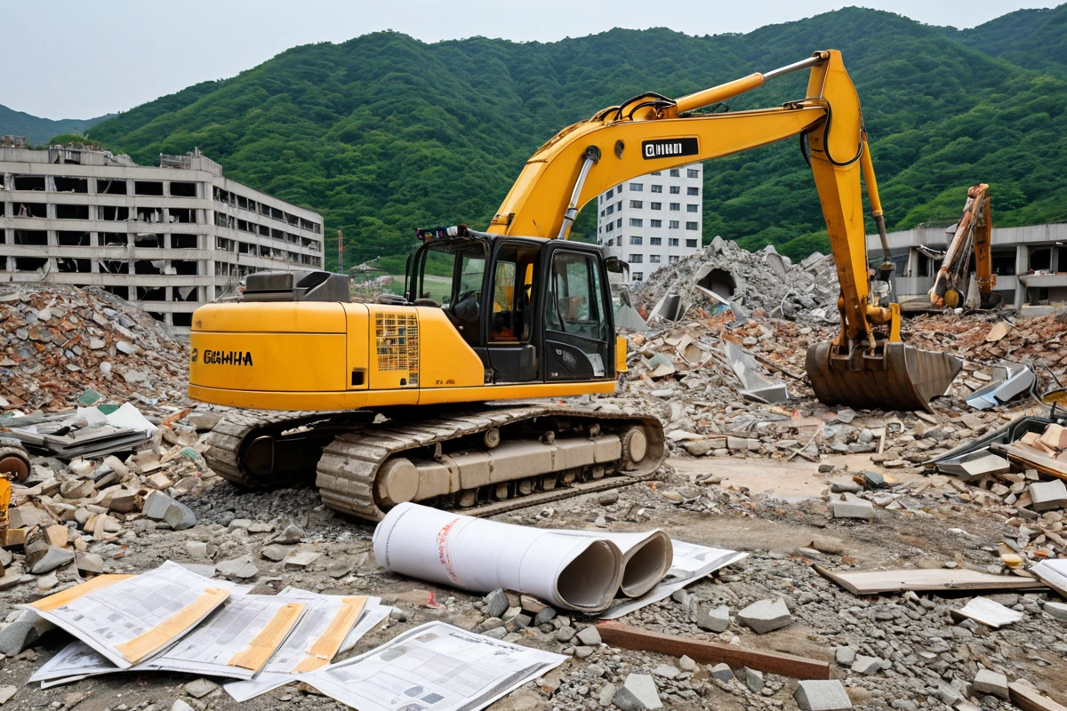 전문 철거 업체의 안전 인증 및 자격증이 표시된 문서와 함께 철거 장비가 준비된 현장, 철거 장비는 정확히 정리되어 있으며, 배경에는 김해시 지역의 건물 외관이 보이는 자연스러운